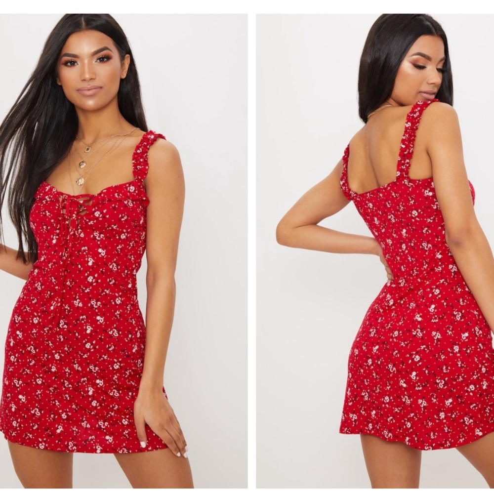 Red floral printed frill dress